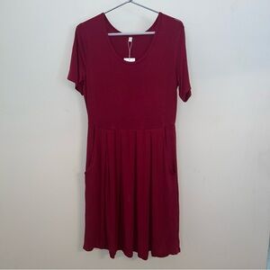Auselily Women’s Elegant Burgundy Short Sleeve T-Shirt Dress w/Pockets Size L